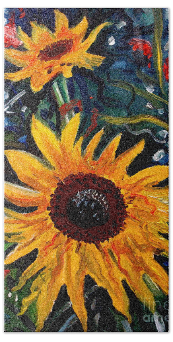 Impressionism Beach Sheet featuring the painting Golden Sunflower Burst by Elizabeth Robinette Tyndall