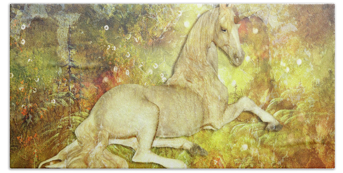 Unicorn Beach Sheet featuring the digital art Golden Unicorn Dreams by Digital Art Cafe