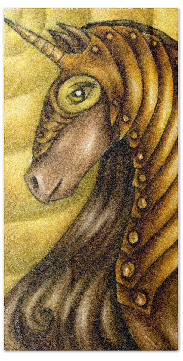 Unicorn Art Beach Towel featuring the drawing Golden Unicorn Warrior Art by Kristin Aquariann