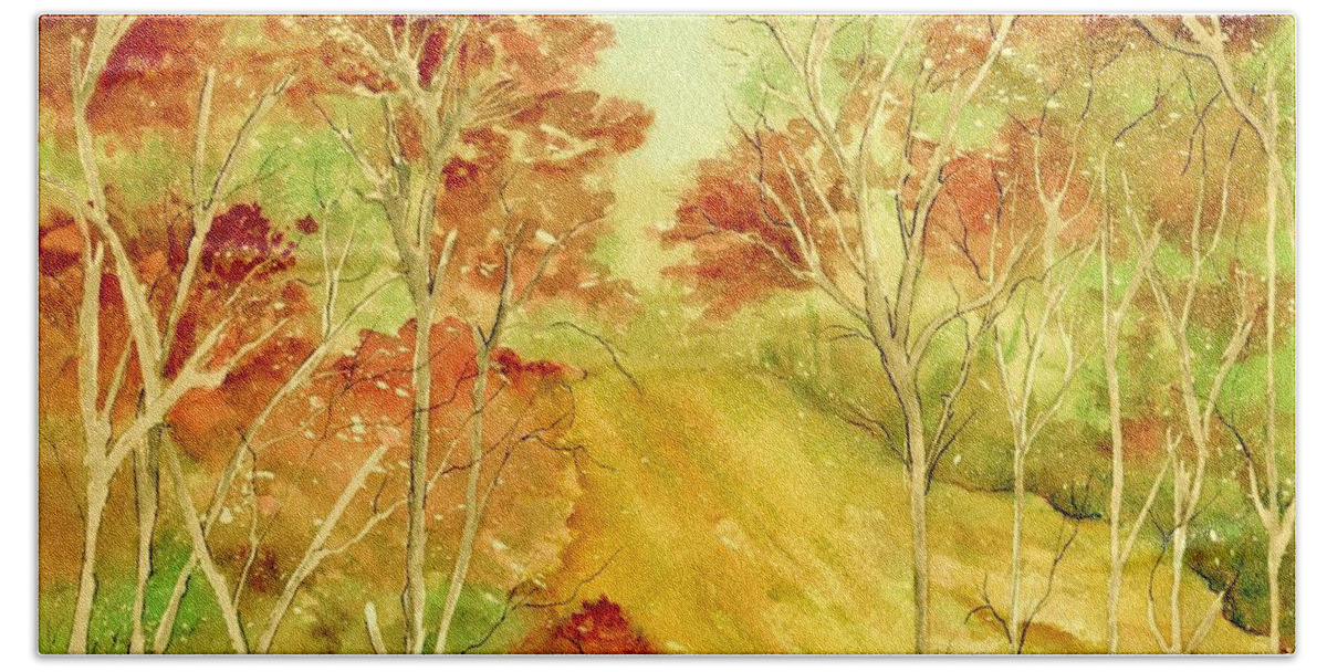 Watercolor Beach Towel featuring the painting Golden Woods by Brenda Owen