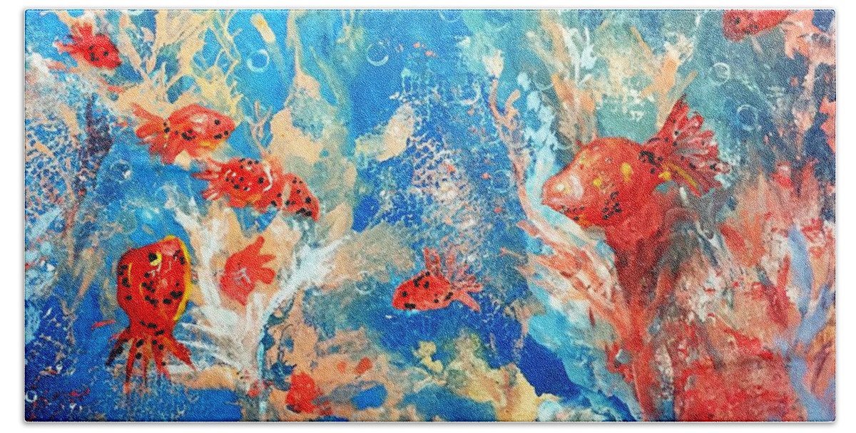 Goldfish Beach Towel featuring the painting Goldfish party by Anne Sands