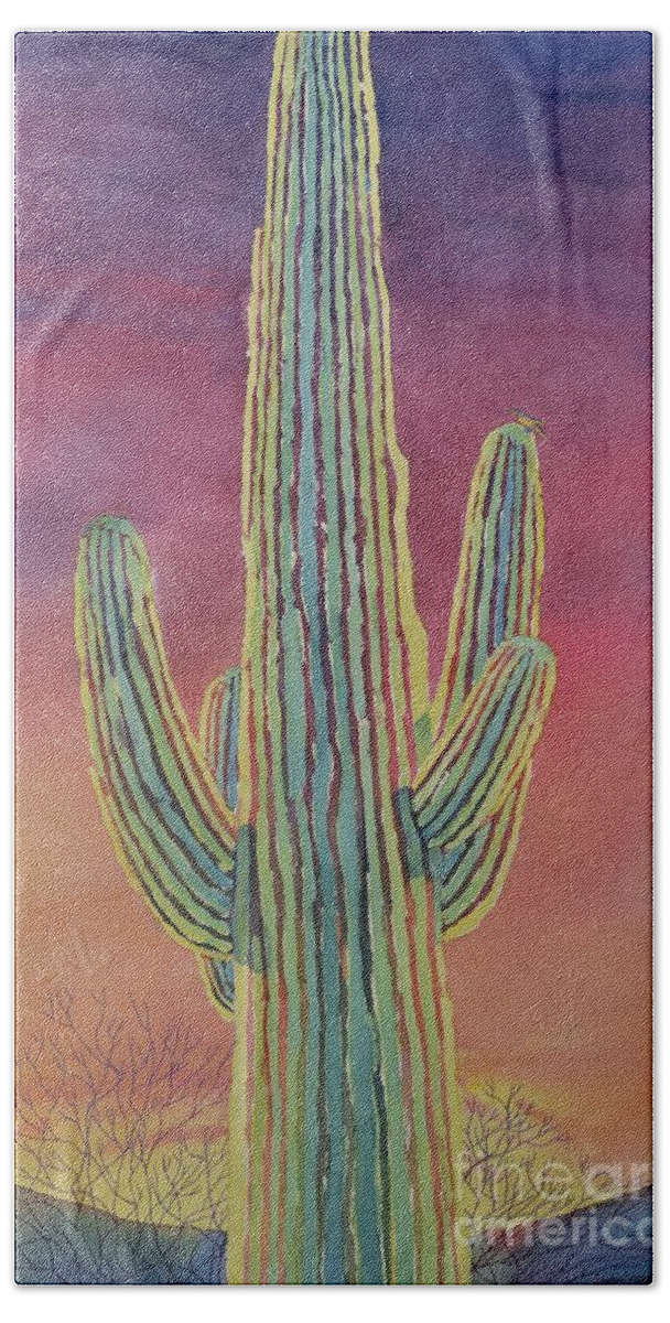 Saguaro Beach Towel featuring the painting Good Night Cactus Wren by Sandra Neumann Wilderman