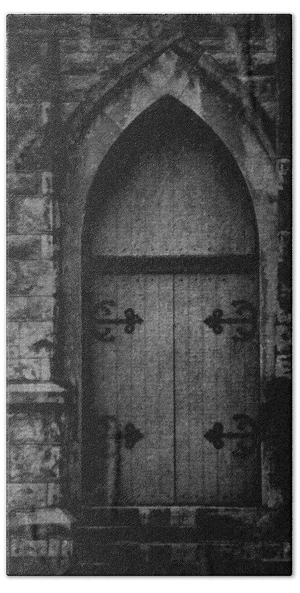 Door Beach Towel featuring the photograph Gothic Door Memphis Church BW by Lesa Fine