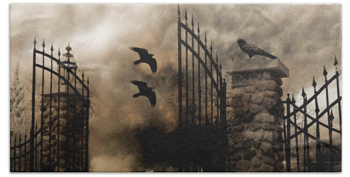 Gothic Ravens Beach Sheet featuring the photograph Gothic Surreal Fantasy Ravens Gated Fence by Kathy Fornal