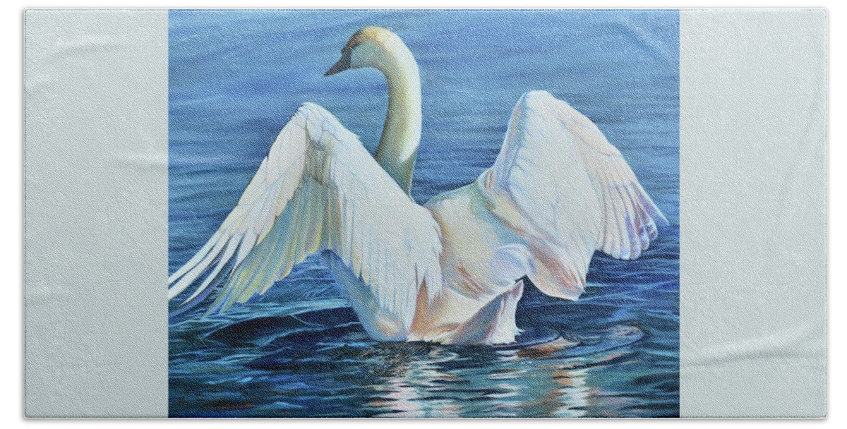 #swan #wings #wing #blue #mute #spread #water #lakes #lake #nature #landscape #naturally #wildlife #life #inspiring #waters #landscapes Beach Towel featuring the painting Graceful Warning by Stella Marin
