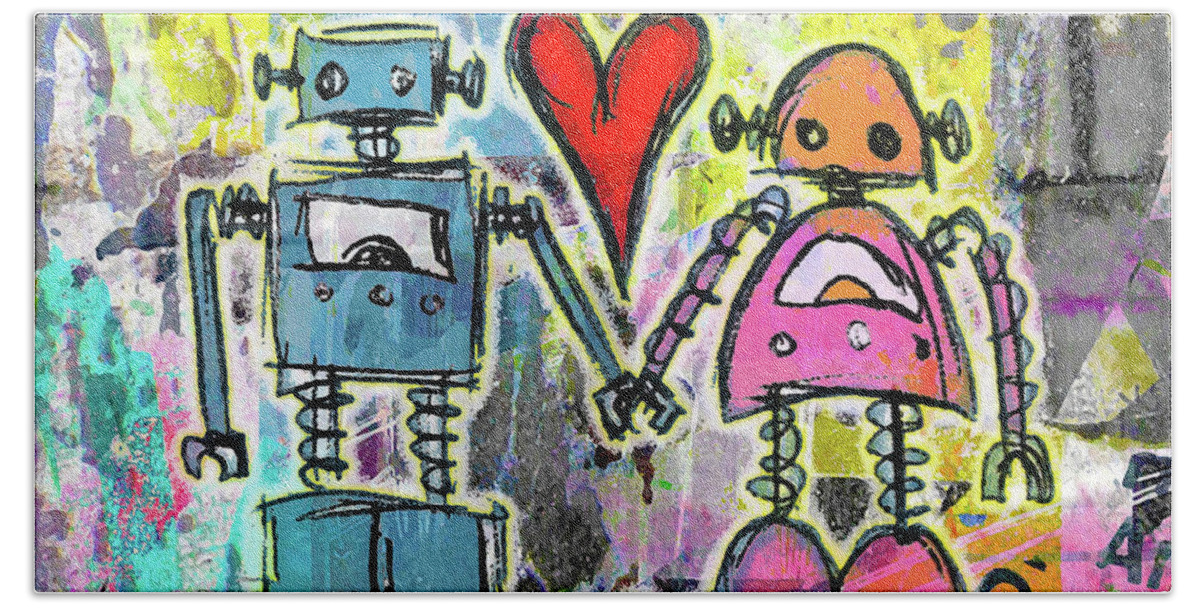Graffiti Beach Towel featuring the digital art Graffiti Pop Robot Love by Roseanne Jones