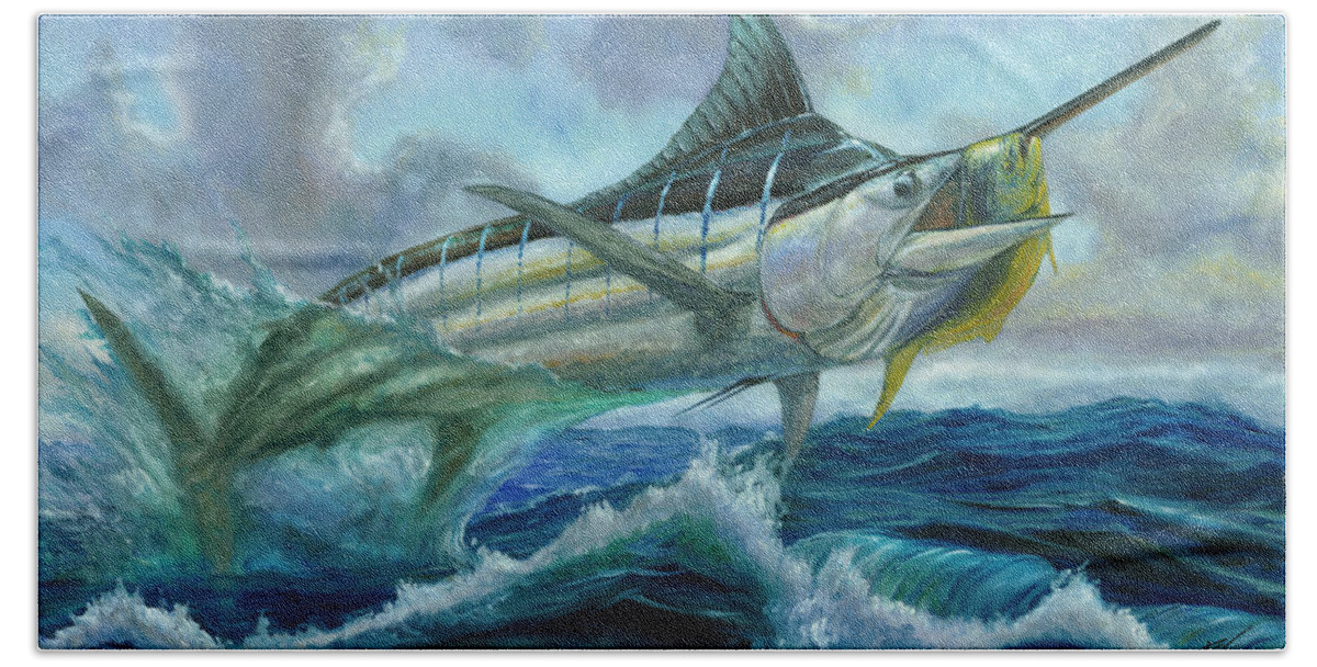 Blue Marlin Beach Towel featuring the painting Grand Blue Marlin Jumping eating Mahi Mahi by Terry Fox