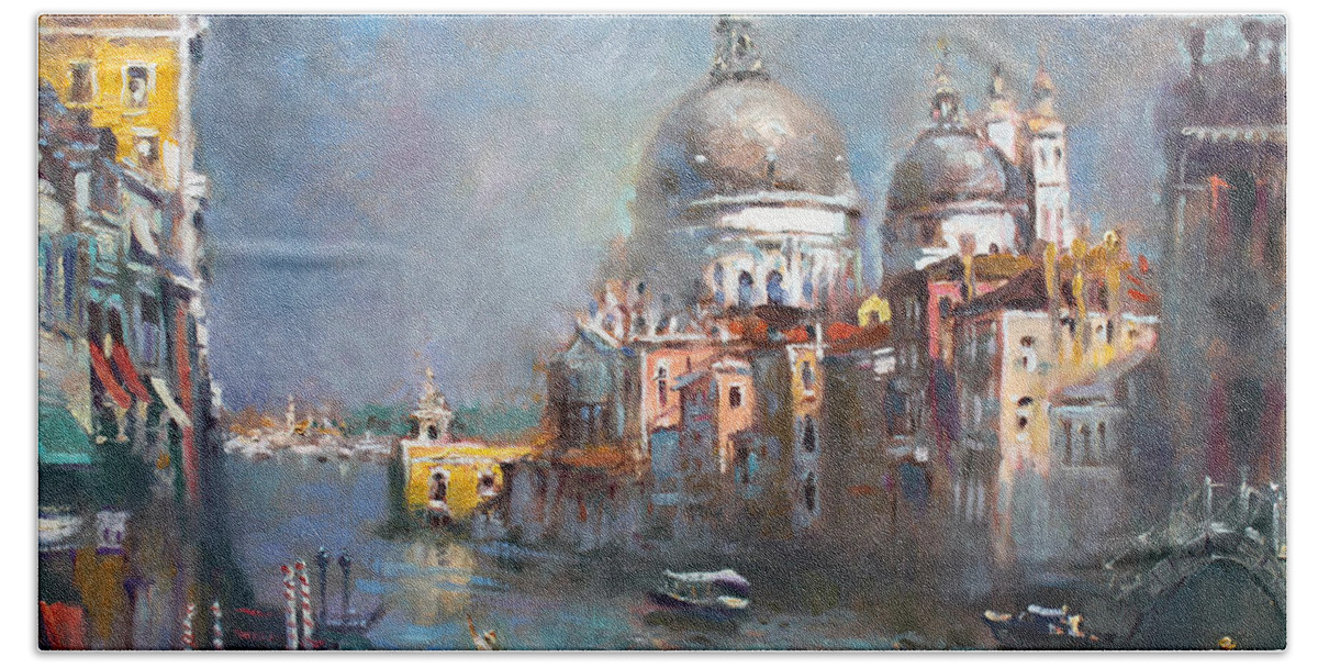 Venice Beach Towel featuring the painting Grand Canal Venice 2 by Ylli Haruni