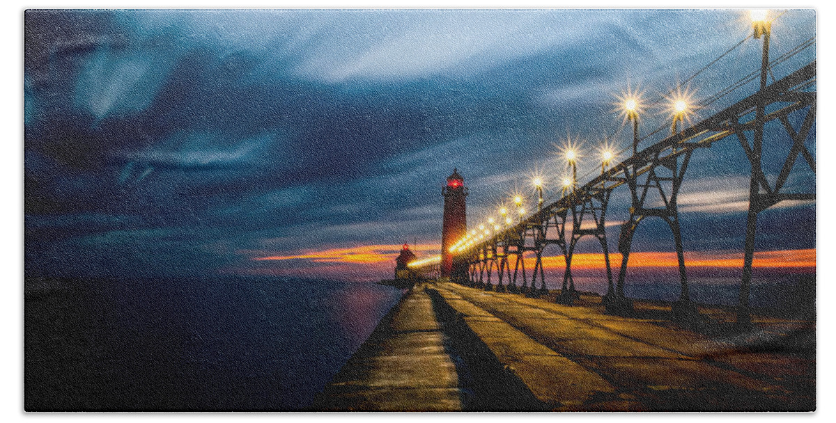Grand Haven Beach Towel featuring the photograph Grand Haven Lighthouse by Larry Carr