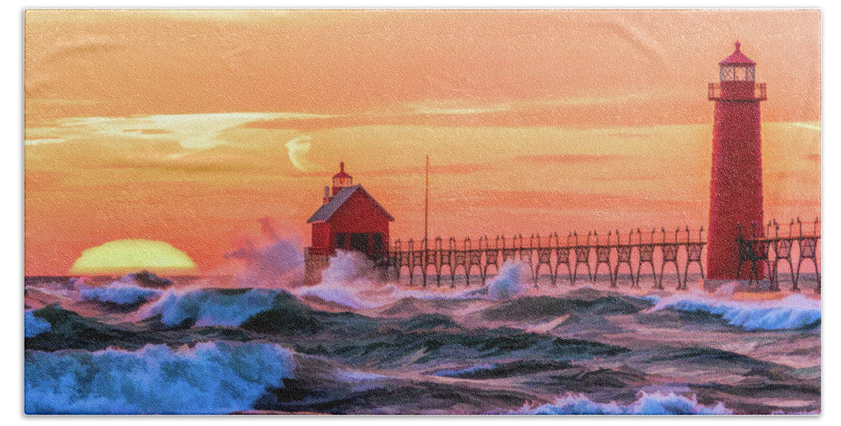 Grand Haven Beach Towel featuring the painting Grand Haven Lighthouses by Christopher Arndt
