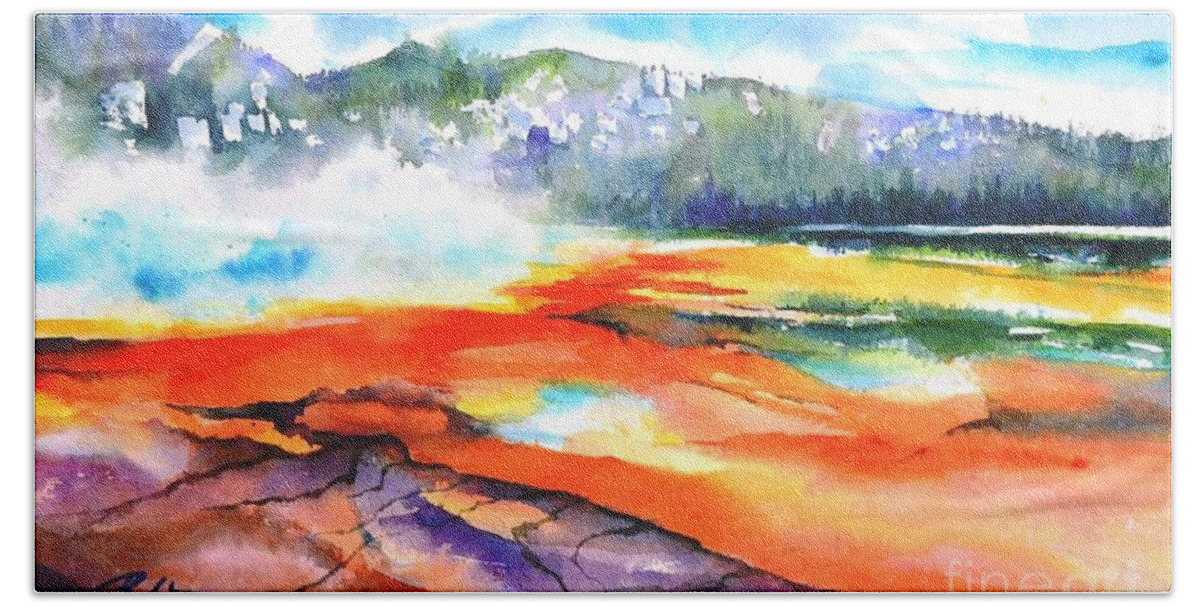 Yellowstone National Park Beach Sheet featuring the painting Grand Prismatic Hot Spring by Betty M M Wong
