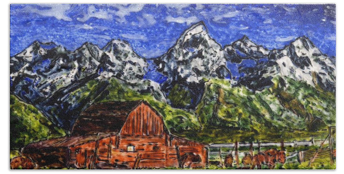 Buffalo Beach Sheet featuring the painting Grand Tetons with Buffalo by Phil Strang