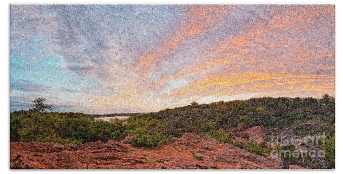 Inks Lake Beach Towel featuring the photograph Granite Hills of Inks Lake State Park Against Fiery Sunset - Burnet County Texas Hill Country by Silvio Ligutti