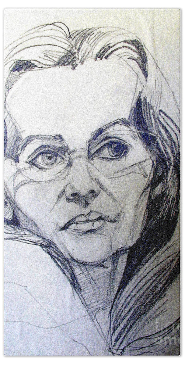  Beach Sheet featuring the drawing Graphite Portrait Sketch of a Woman with Glasses by Greta Corens