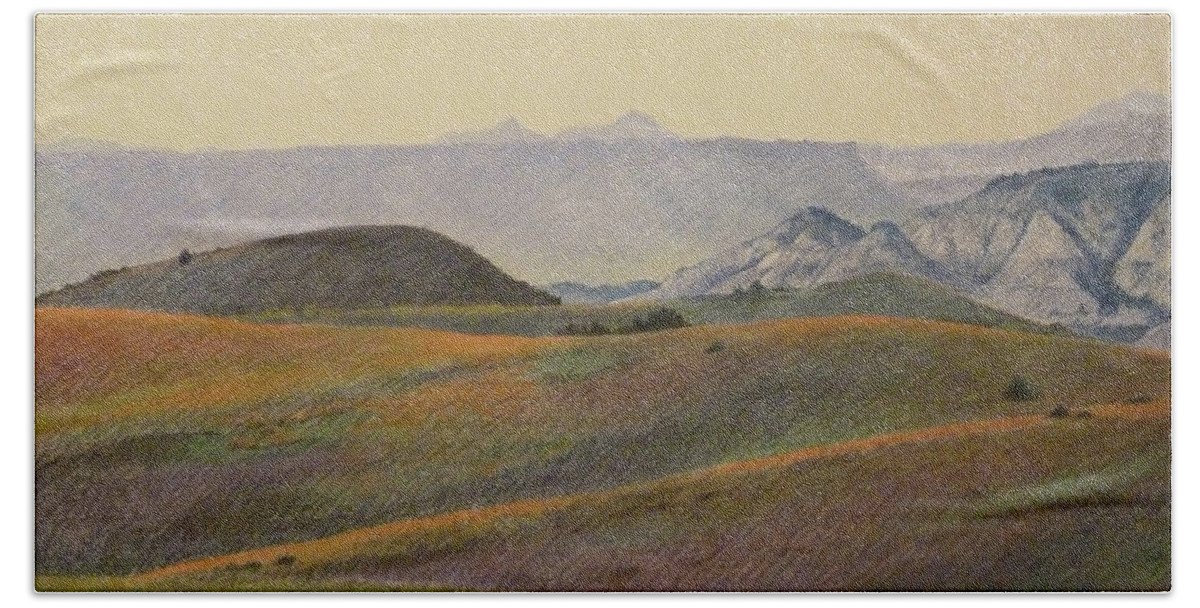 North Dakota Beach Towel featuring the pastel Grasslands Badlands panel 2 by Cris Fulton