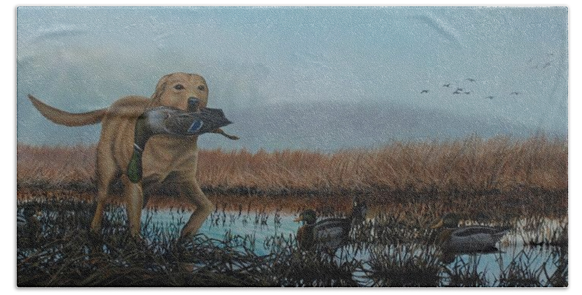 Yellow Lab Beach Towel featuring the painting Gray Day Mallards by Anthony J Padgett
