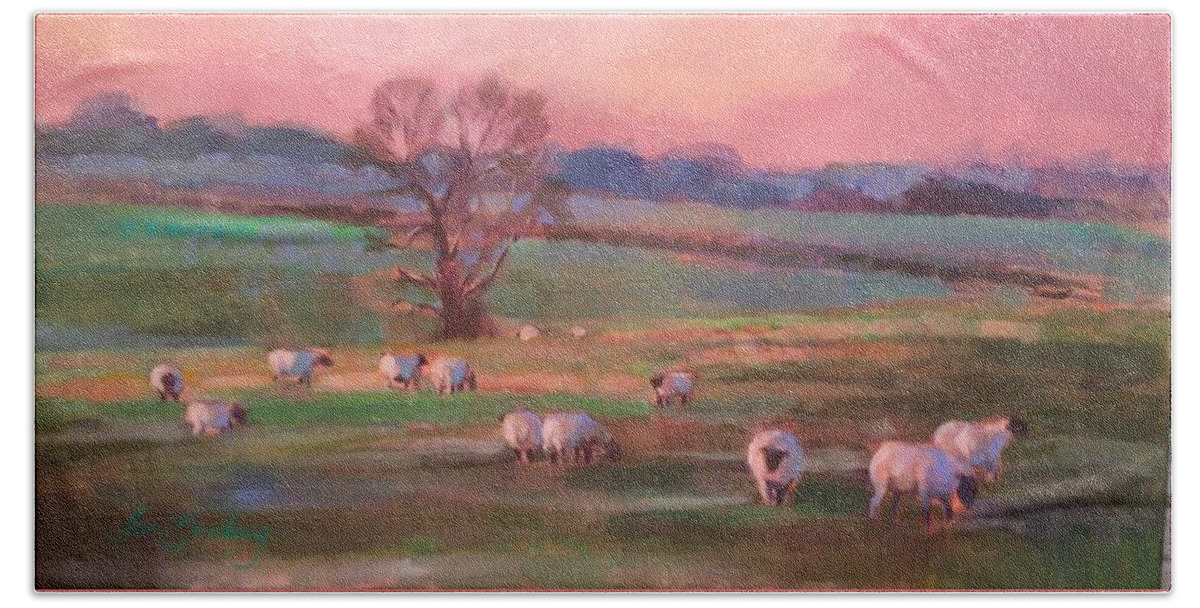 Sheep Beach Towel featuring the painting Grazing sheep by Susan Bradbury