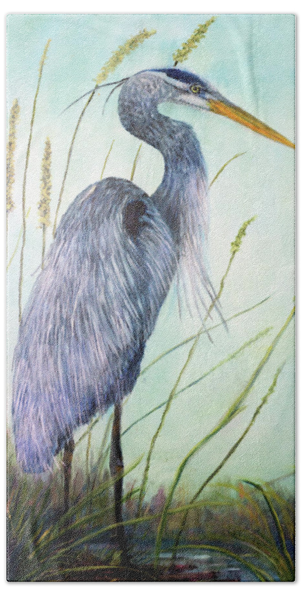 Heron Beach Towel featuring the painting Great Blue Heron by Loretta Luglio