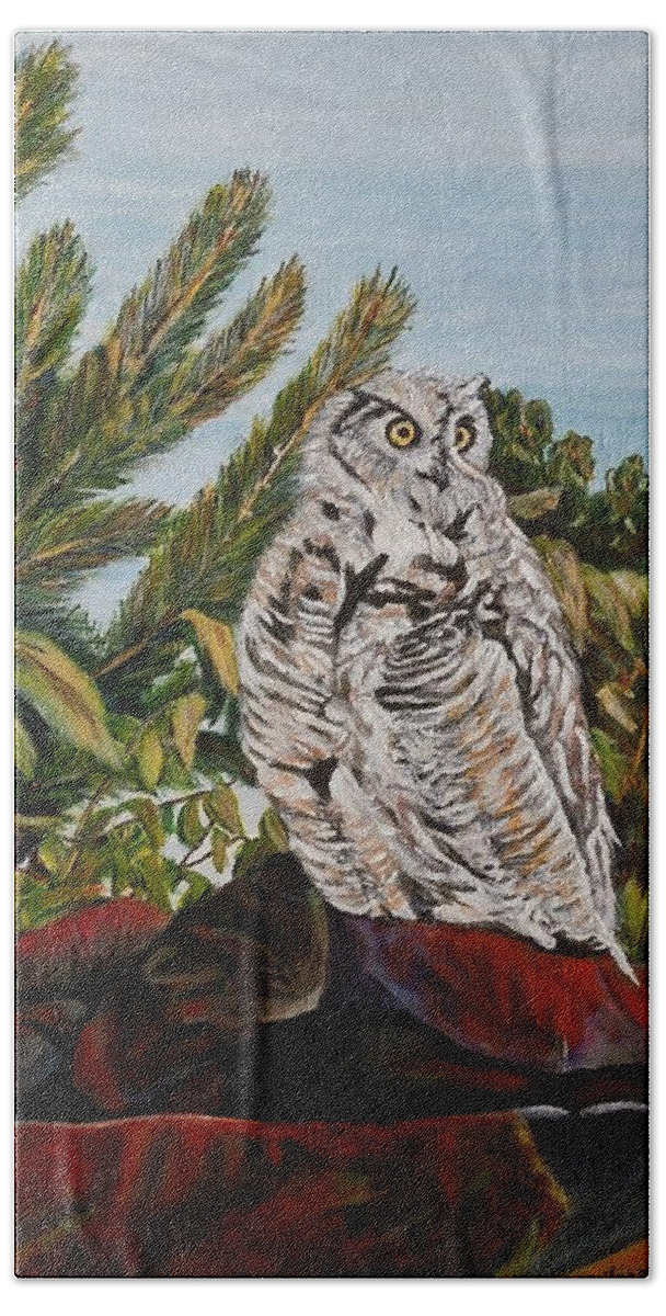 Great Horned Owl Beach Towel featuring the painting Great Horned Owl - Owl on the rocks by Marilyn McNish