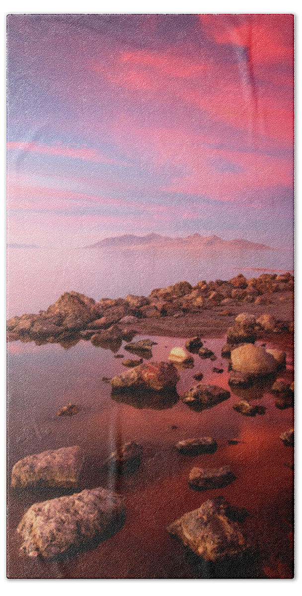 Utah Beach Towel featuring the photograph Great Salt Lake and Antelope Island Sunset by Brett Pelletier