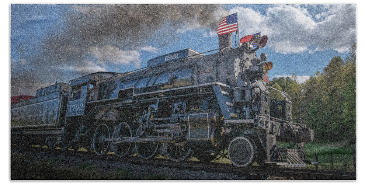 Great Smoky Mountains Railway Beach Towel featuring the photograph Great Smoky Mountain steam engine 1702 at Bryson City NC 1 by Jim Pearson