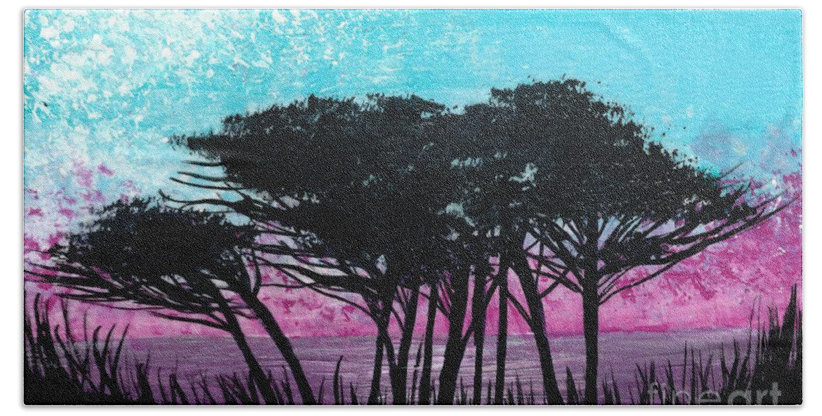 #trees #greece #woods #water #ocean #landscape Beach Towel featuring the painting Grecian Sunset by Allison Constantino