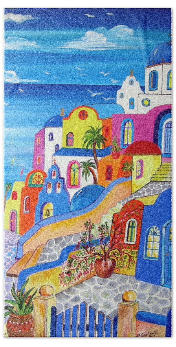 Santorini Beach Towel featuring the painting Greek Islands Fantasy Village Santorini by Roberto Gagliardi