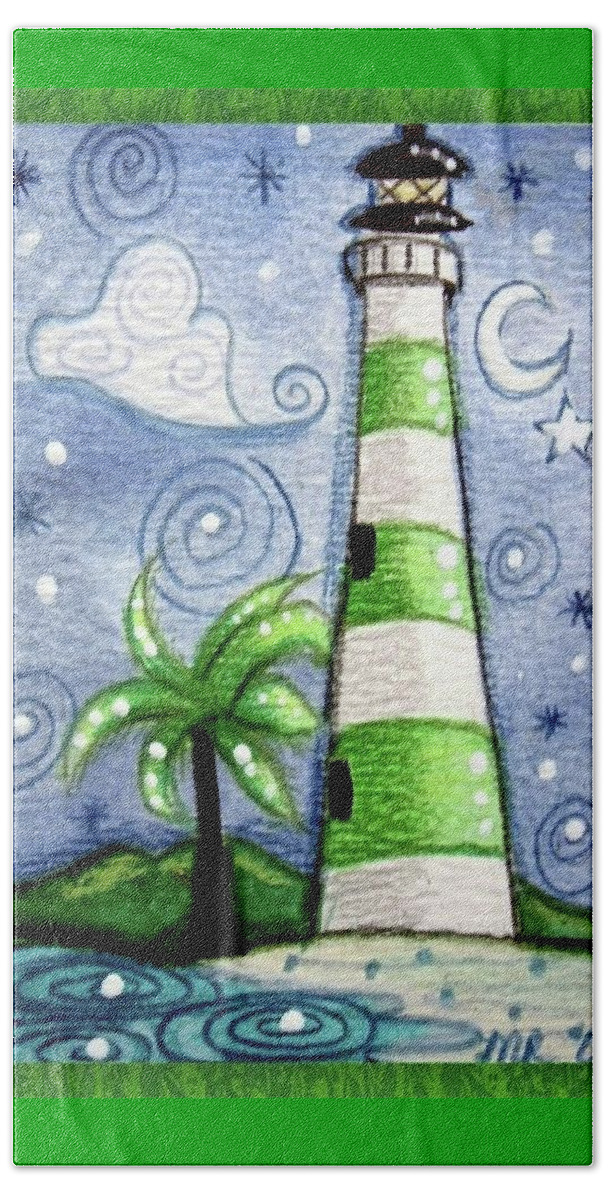 Lighthouse Beach Towel featuring the painting Green and White Tropical Lighthouse by Monica Resinger