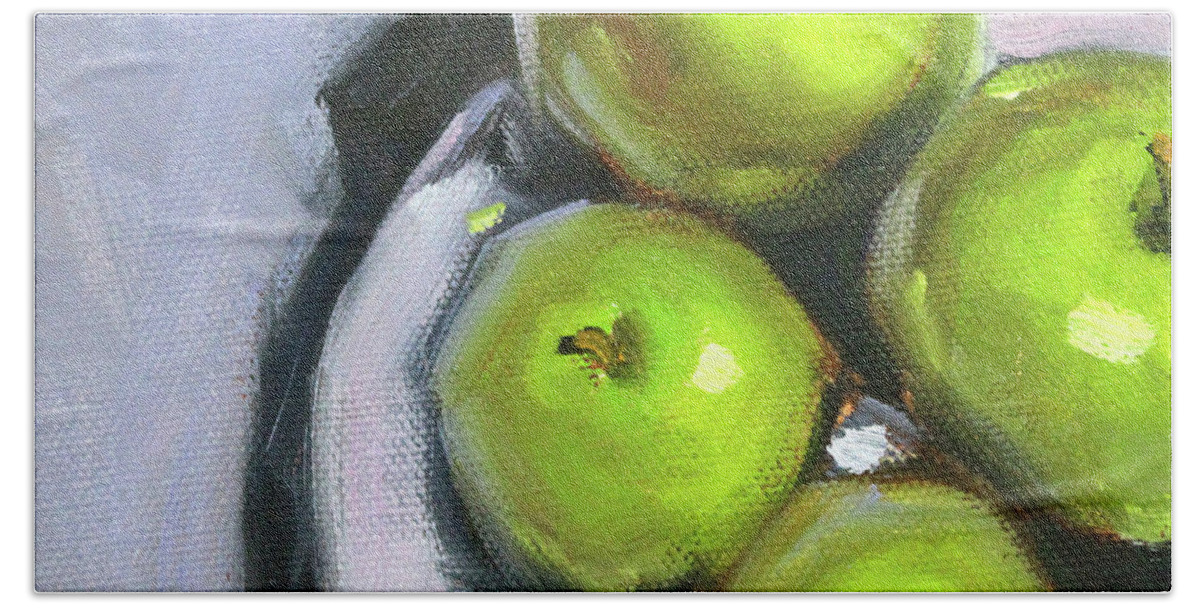 Green Apples Beach Towel featuring the painting Green Apple Plate by Nancy Merkle