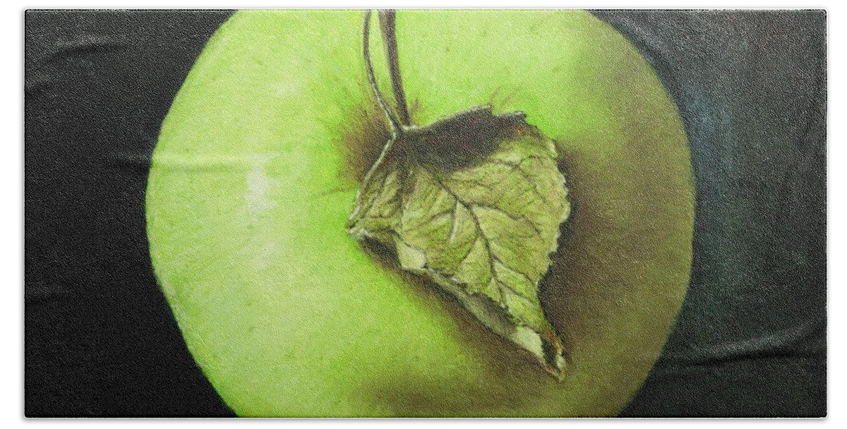 Oil Pastel Beach Sheet featuring the painting Green Apple with Leaf by Marna Edwards Flavell