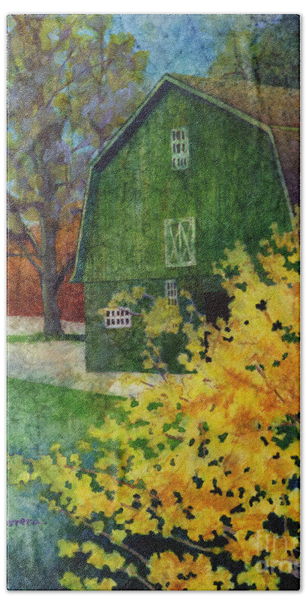 Barn Beach Towel featuring the painting Green Barn by Hailey E Herrera