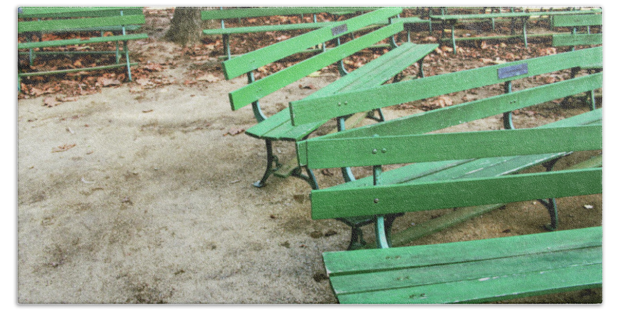 Green Beach Towel featuring the mixed media Green Benches- Fine Art Photo by Linda Woods by Linda Woods