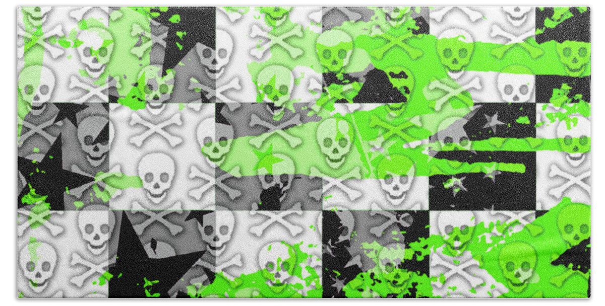 Green Beach Towel featuring the digital art Green Checker Skull Splatter by Roseanne Jones