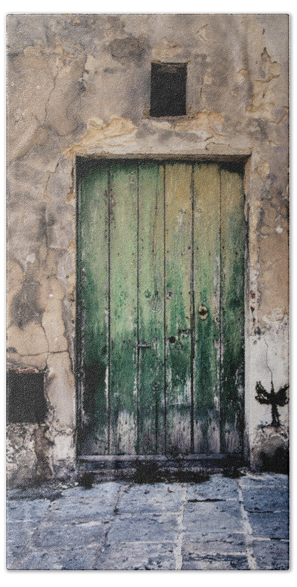 Architecture Beach Towel featuring the photograph Green Door 3 by Maria Heyens