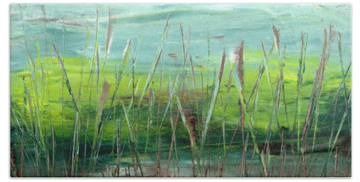 Oil Beach Towel featuring the painting Green Marsh by Marcy Brennan