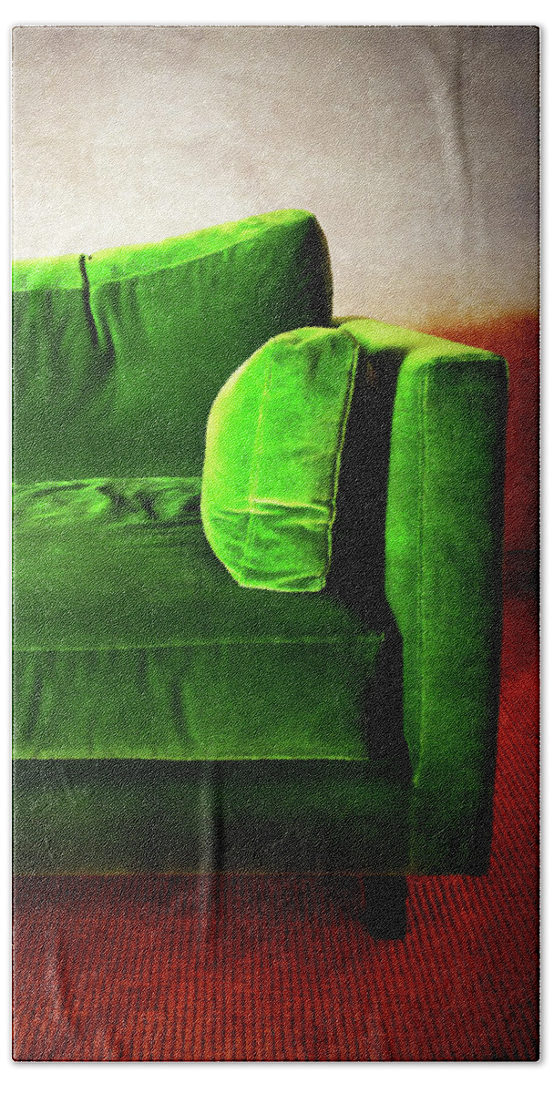 Sofa Beach Towel featuring the photograph Green retro sofa in a room by GoodMood Art