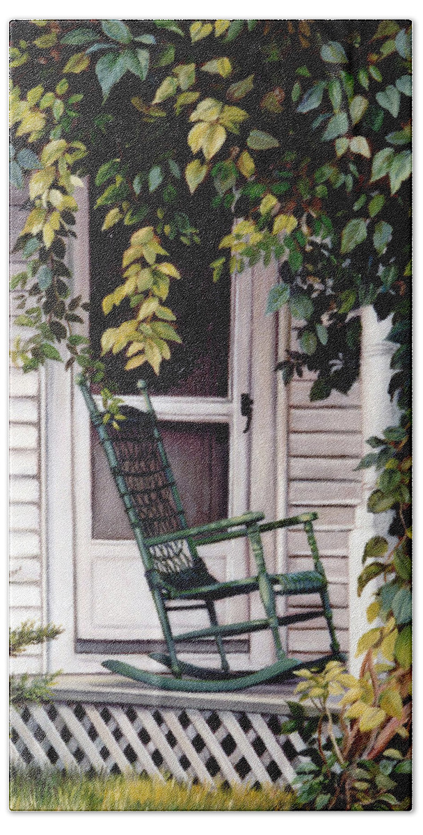 Farmhouse Beach Towel featuring the painting Green Rocking Chair by Marie Witte