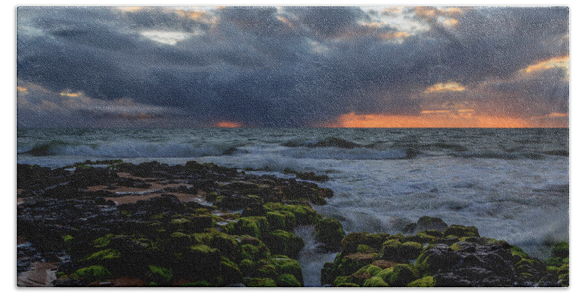 Sunset Beach Sheet featuring the photograph Green Rocks by Robert Caddy