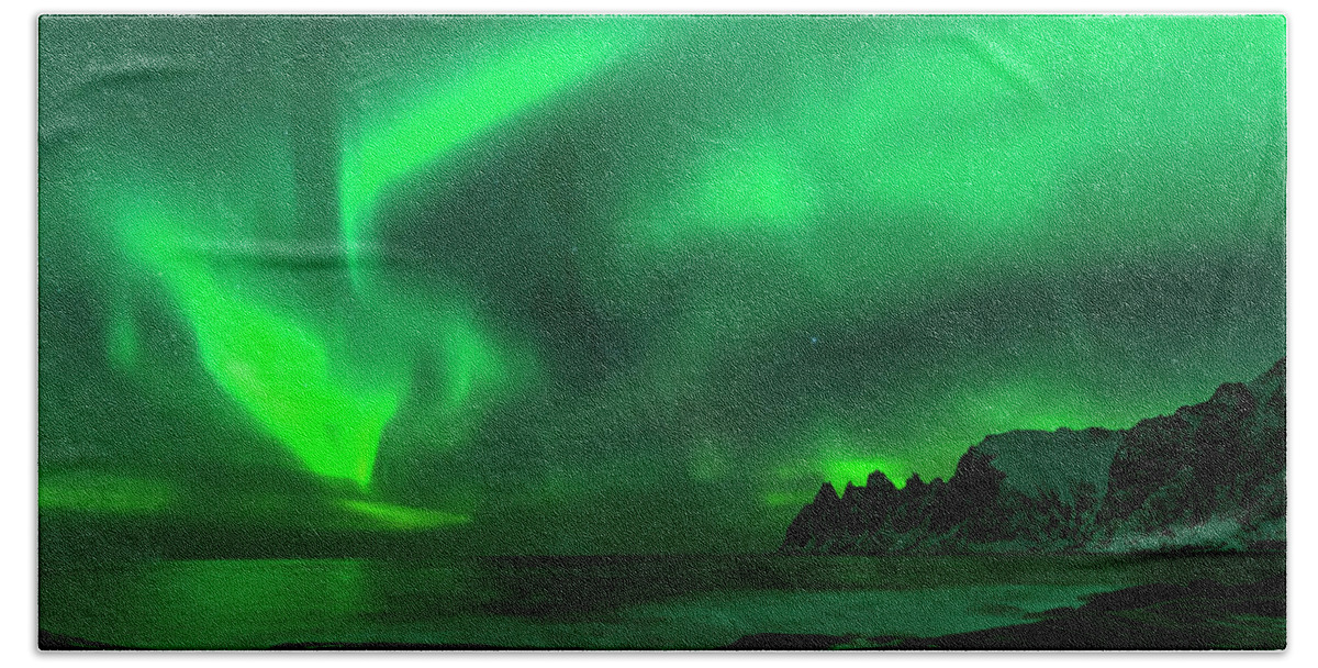 Norway Beach Towel featuring the photograph Green Skies at Night by Alex Lapidus