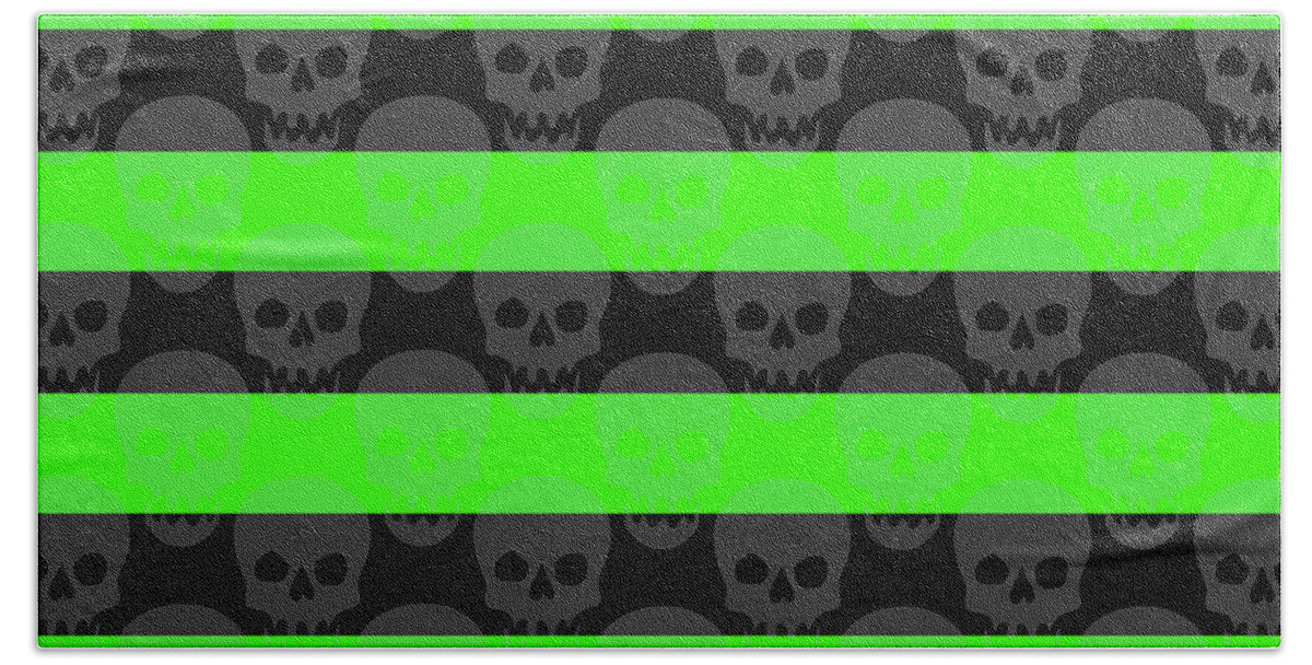 Green Beach Towel featuring the digital art Green Skull Stripes by Roseanne Jones