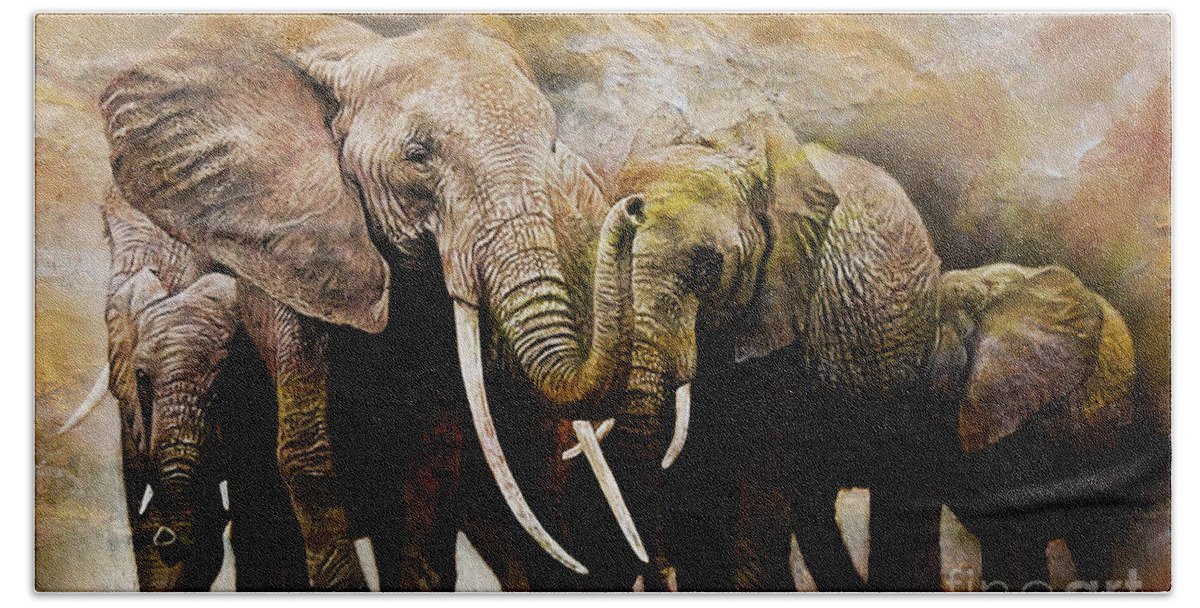 Giraffe Beach Towel featuring the painting Group of Elephants 01 by Gull G