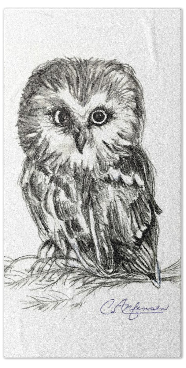 Owl Beach Towel featuring the drawing Guess Whoooo by Carol Allen Anfinsen