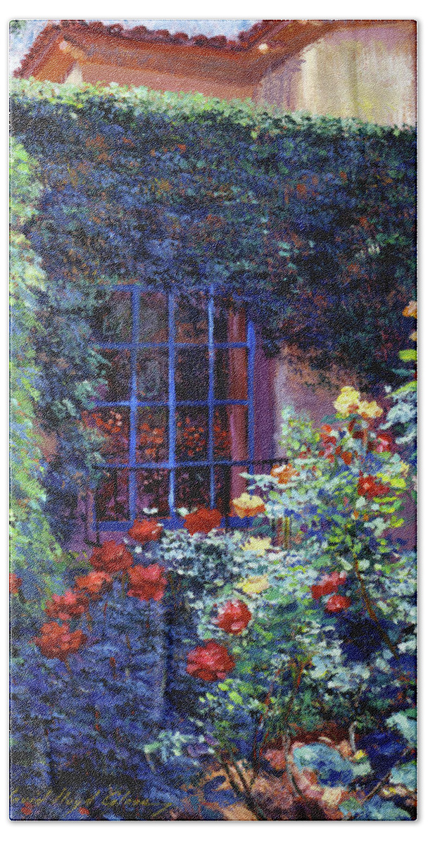 Gardens Beach Towel featuring the painting Guesthouse Rose Garden by David Lloyd Glover