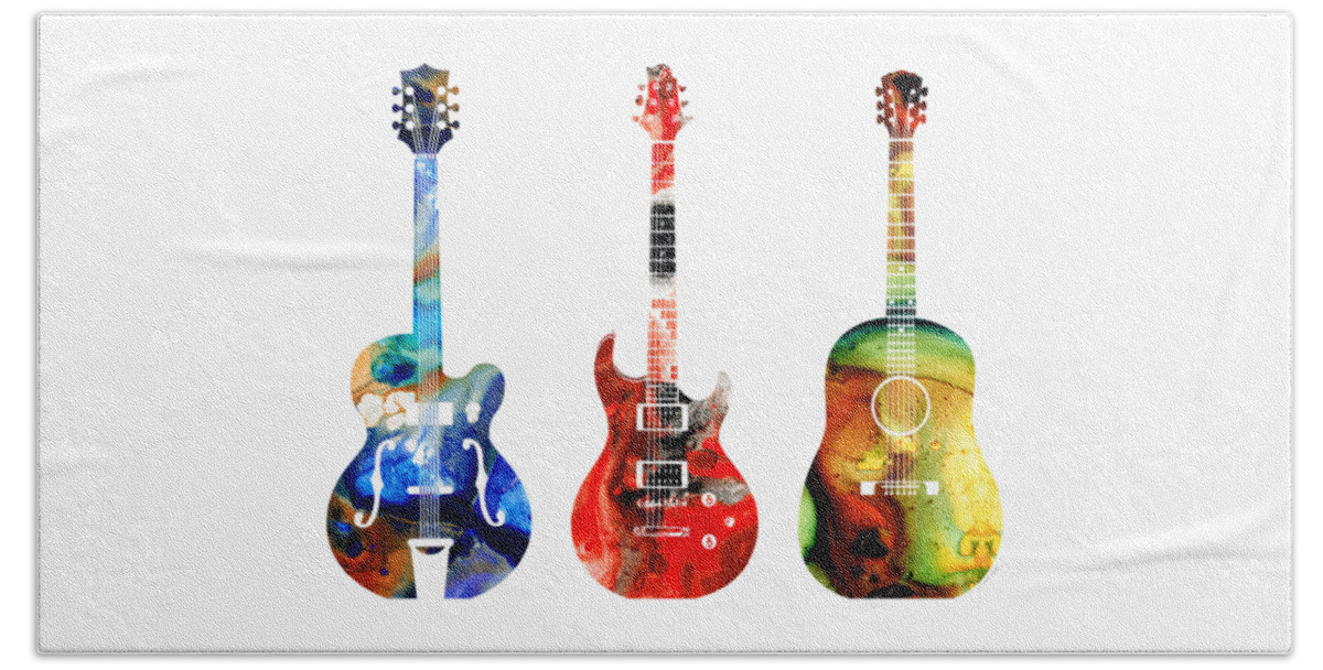 Guitar Beach Towel featuring the painting Guitar Threesome - Colorful Guitars By Sharon Cummings by Sharon Cummings