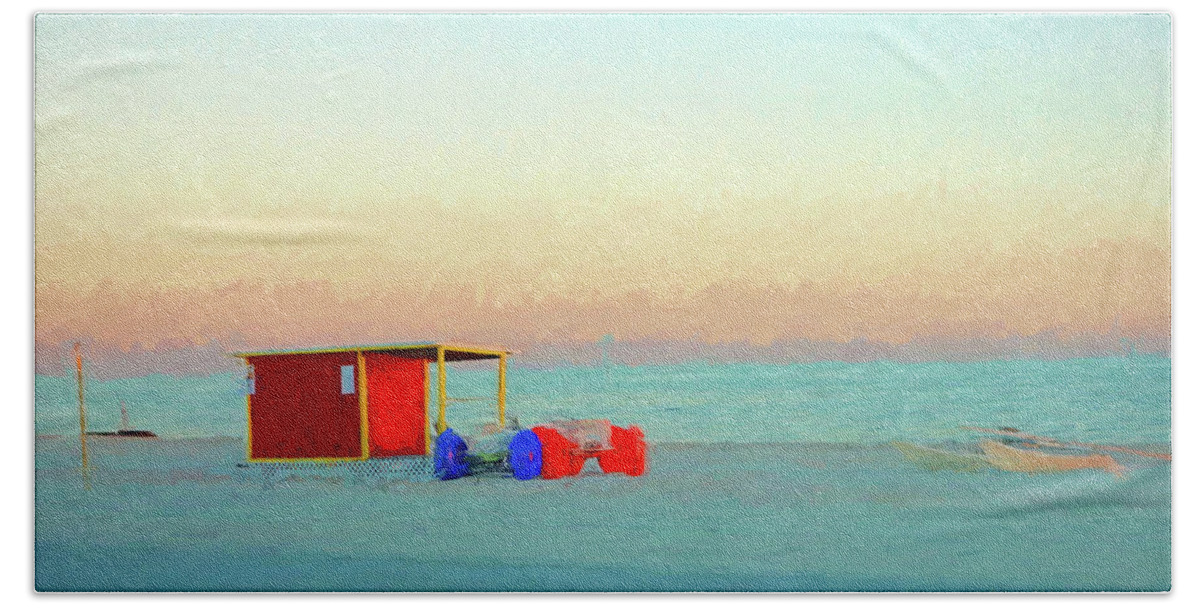 Mississippi Gulf Coast Beach Towel featuring the photograph Gulf Coast Red Beach Hut Sunset Saiboat by Rebecca Korpita