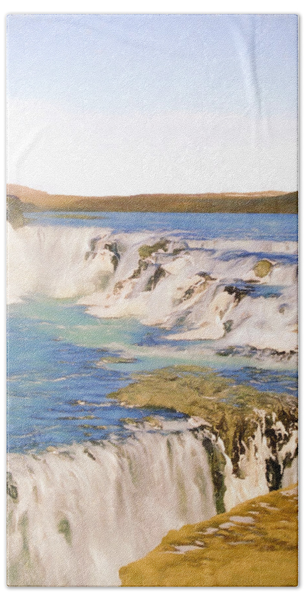 Europe Beach Towel featuring the digital art Gullfoss Waterfalls Pastel 2 by Roy Pedersen