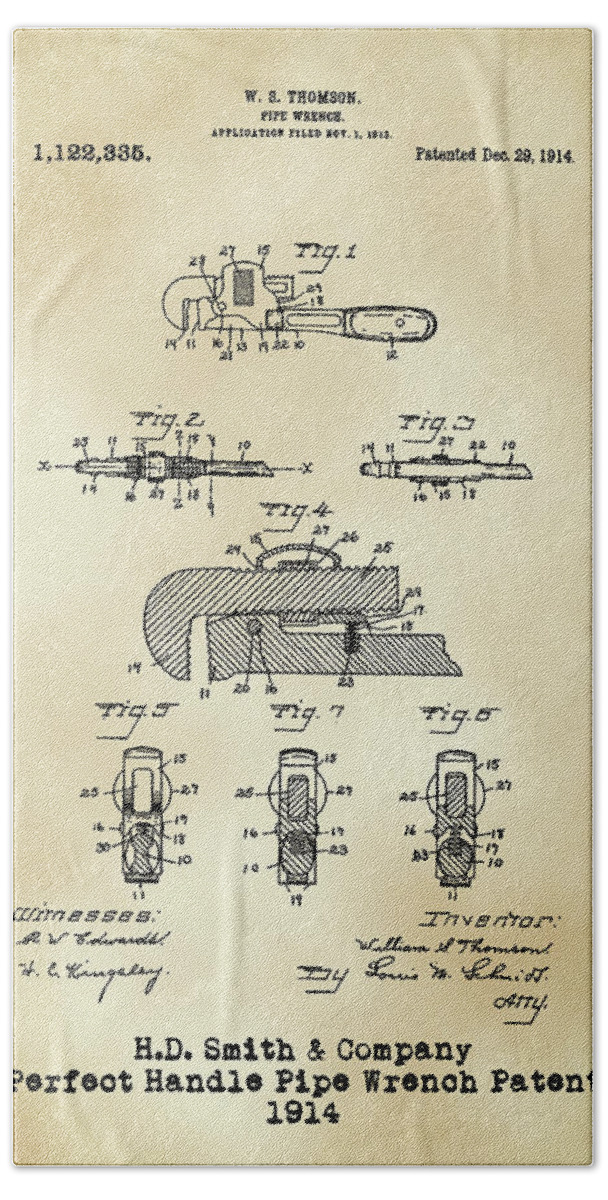 H D Smith Beach Sheet featuring the digital art H. D. Smith Perfect Handle Pipe Wrench Patent Parchment by David Smith