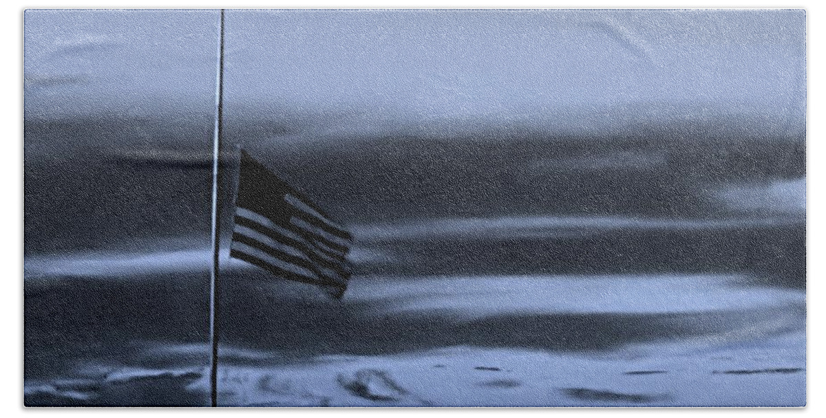 American Flag Beach Towel featuring the photograph HALF STAFF AT DAWN in CYAN by Rob Hans