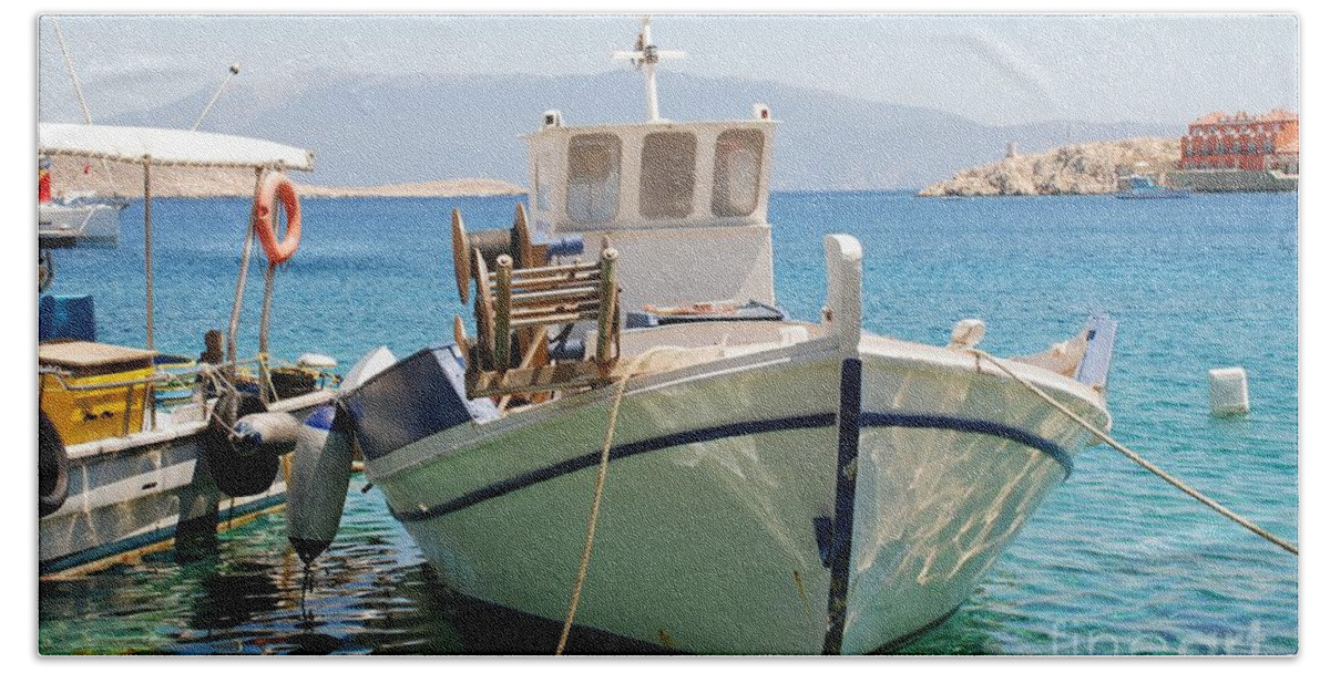 Halki Beach Towel featuring the photograph Halki fishing boats in Greece by David Fowler