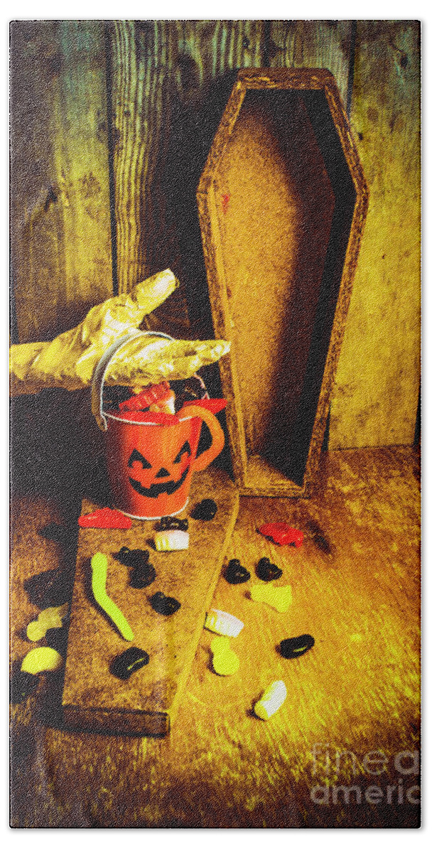 Pumpkin Beach Towel featuring the photograph Halloween trick of treats background by Jorgo Photography
